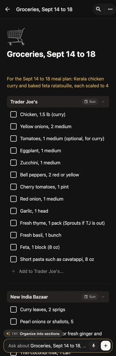 A grocery checklist in Recalo grouped by store, Trader Joe's and New India Bazaar, each section dated for Sunday