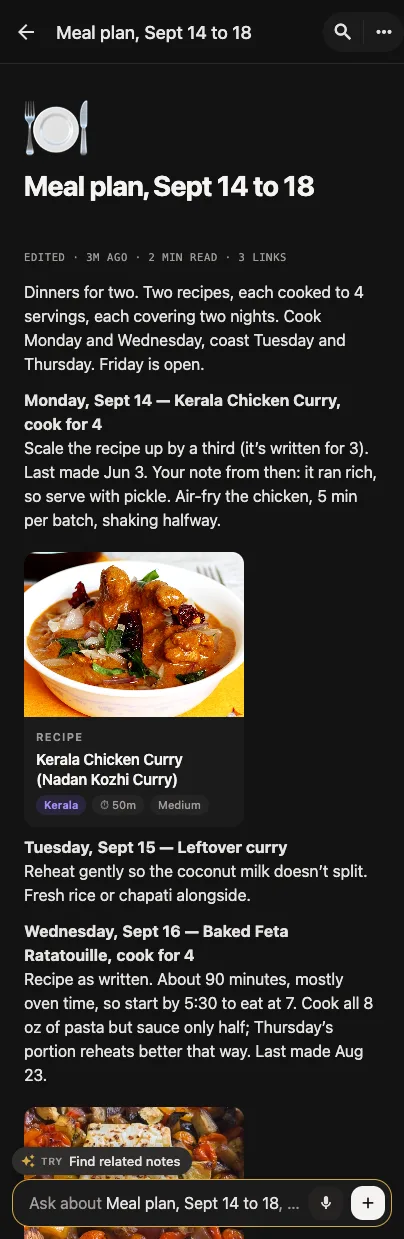A meal plan page in Recalo for Sept 14 to 18, each night with its recipe linked and a note on prep
